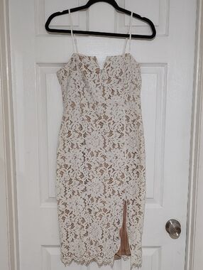 Lulus White Lace Midi Dress with Side Slit